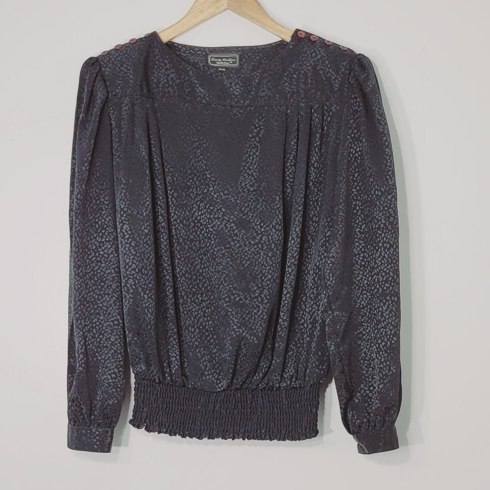 Vintage Lady Collins Old Hollywood Black Satiny Elastic Waist & Wrist Blouse M